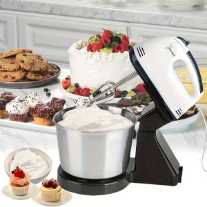 200W High-Speed Electric Kitchen Mixer with 2L Stainless Steel Bowl, 7 Speeds, Handheld Cream Whisk & Egg Beater for Baking and Mixing, Portable White Mixer